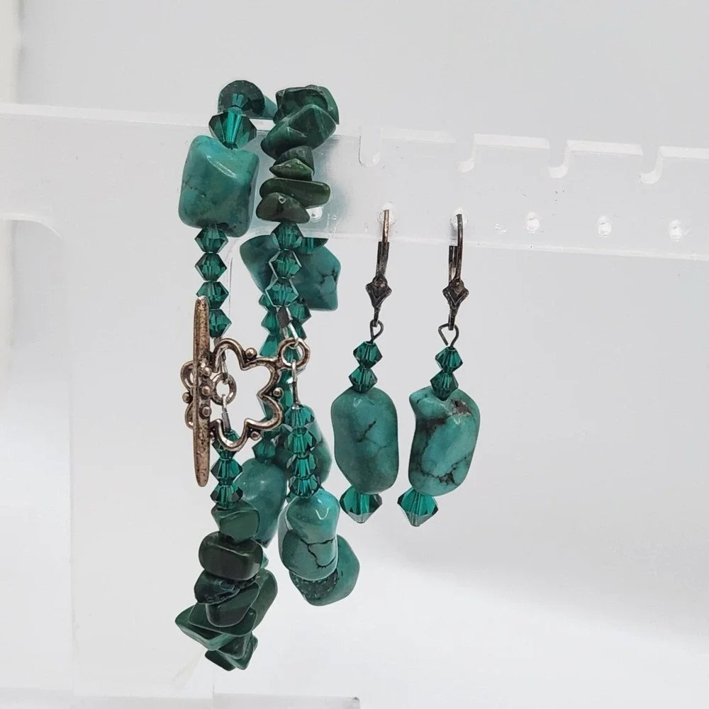 Boho‎ Turquoise Malachite 925 Sterling Silver Bracelet Earrings Set Green Glass